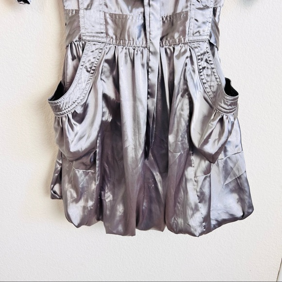 Y2K Silver Satin V-Neck Neck Tie Short Sleeve Bubble Mini Dress - Picture 7 of 16